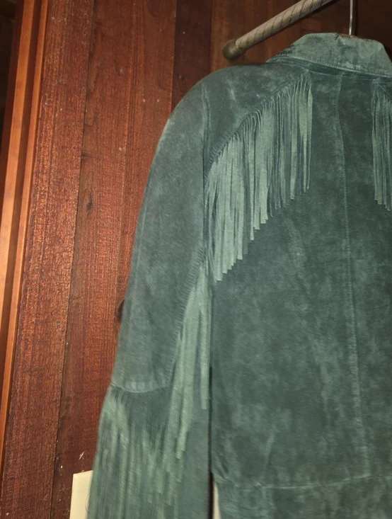 Vintage New Territory Sz lg Fringed Suede Jacket -Emerald Green - Picture 3 of 6